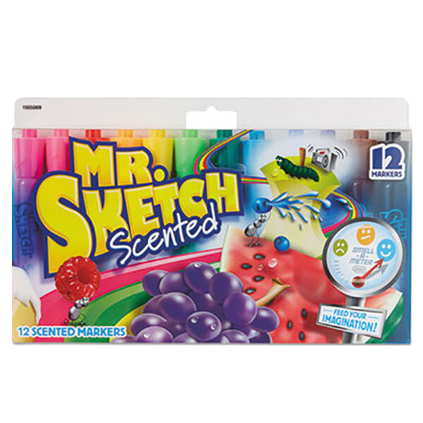 A box of Mr. Sketch scented watercolor markers with different colors.