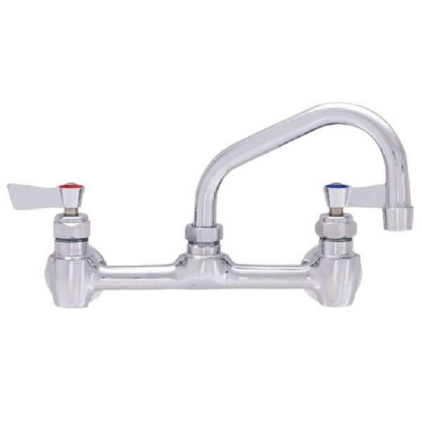 A Fisher wall mount faucet with two lever handles and a swing nozzle.