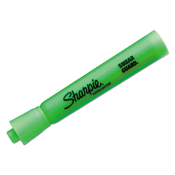 A close up of a Sharpie fluorescent green highlighter pen.