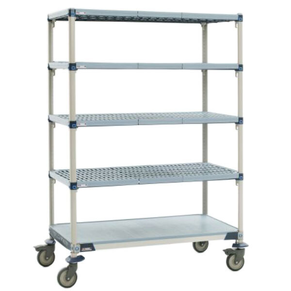 A grey MetroMax shelving cart with wheels.