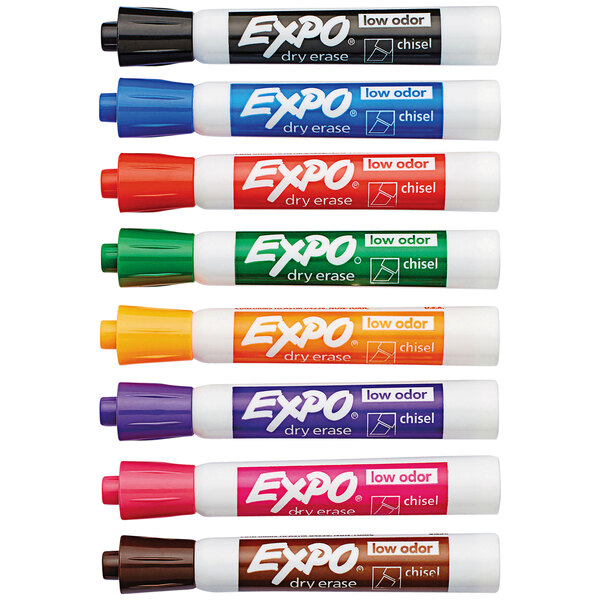 A group of Expo dry erase markers with different colors and sizes.