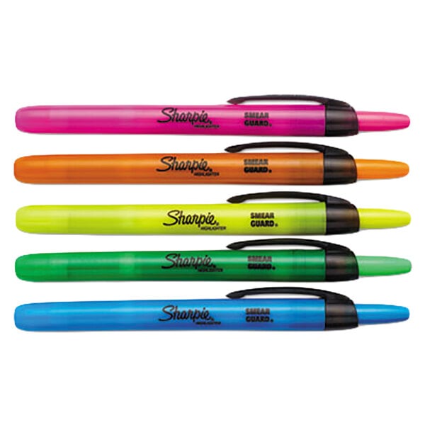 A group of Sharpie retractable highlighters in assorted colors.