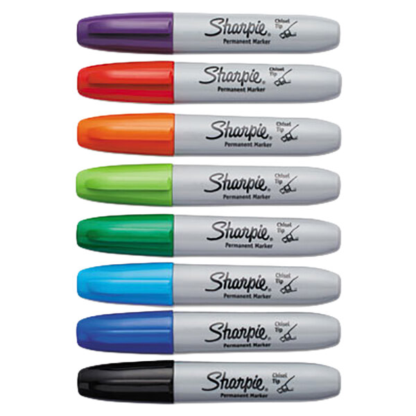A group of Sharpie chisel tip permanent markers in assorted colors.