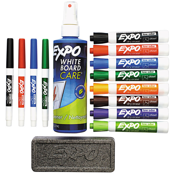 A group of Expo low-odor whiteboard markers with chisel and fine tips in various colors.