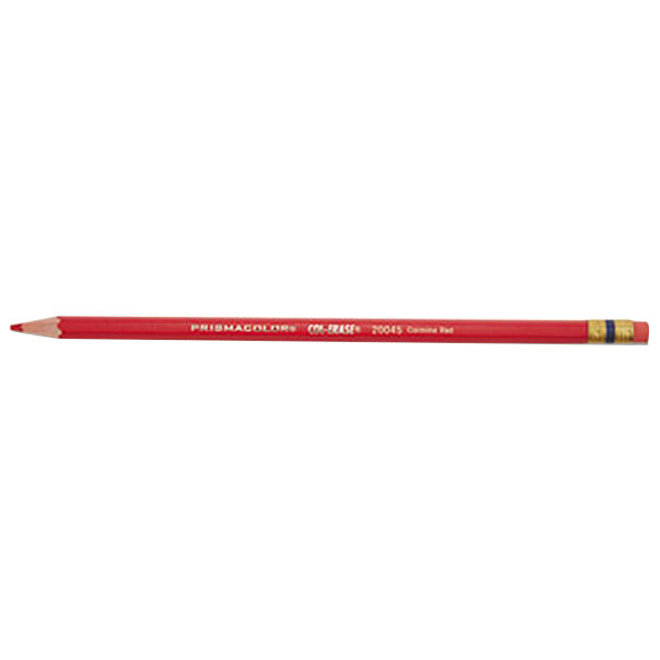 A Carmine Red Prismacolor Col-Erase pencil with a yellow eraser.