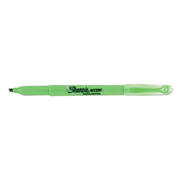 A close up of a Sharpie fluorescent green highlighter with the word "Sharpie" on it.