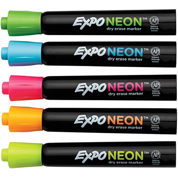 A group of black Expo neon markers with four different colors of ink.