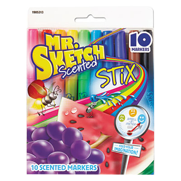 A white box with blue and white Mr. Sketch logo containing Mr. Sketch Scented Stix markers.