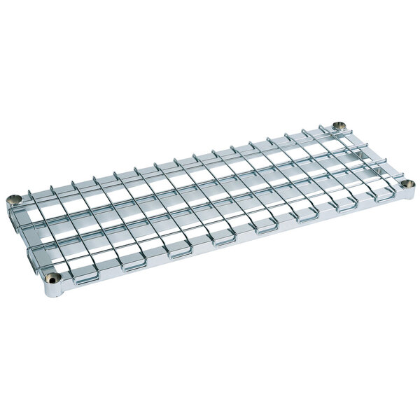 A close-up of a Metro stainless steel dunnage shelf with a wire grid.