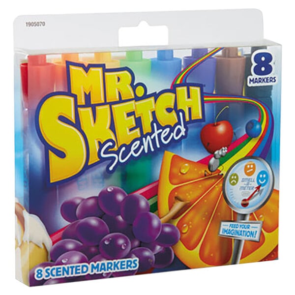 A box of Mr. Sketch assorted scented watercolor markers with text on a white background.