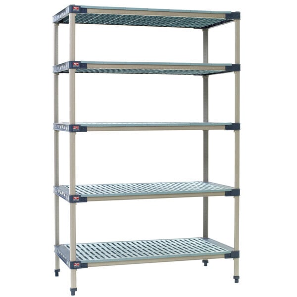 A MetroMax 4 stationary metal shelving unit with 5 shelves.