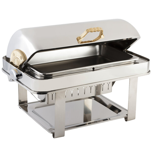 A silver rectangular Bon Chef chafer with a gold lid handle.