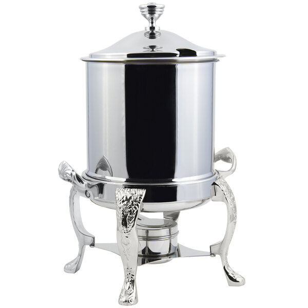 A silver Bon Chef Marmite chafer with a hinged lid with chrome accents.