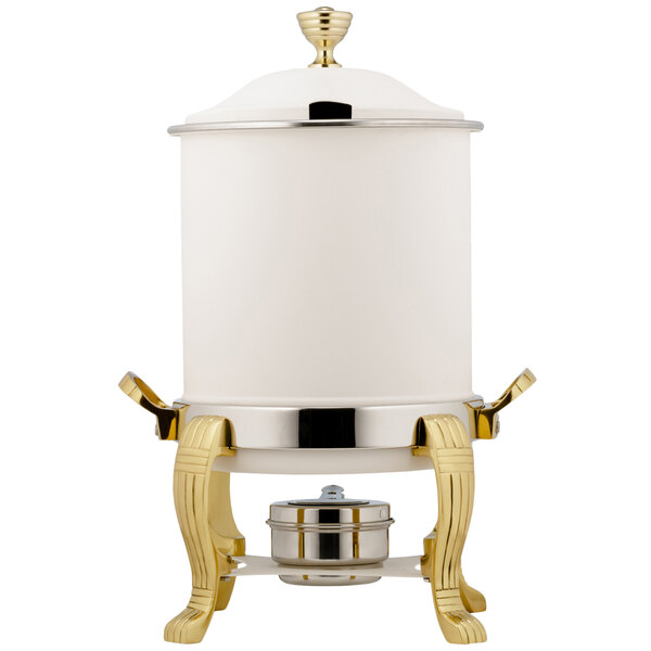 A white Bon Chef Marmite chafer with a gold hinged top.