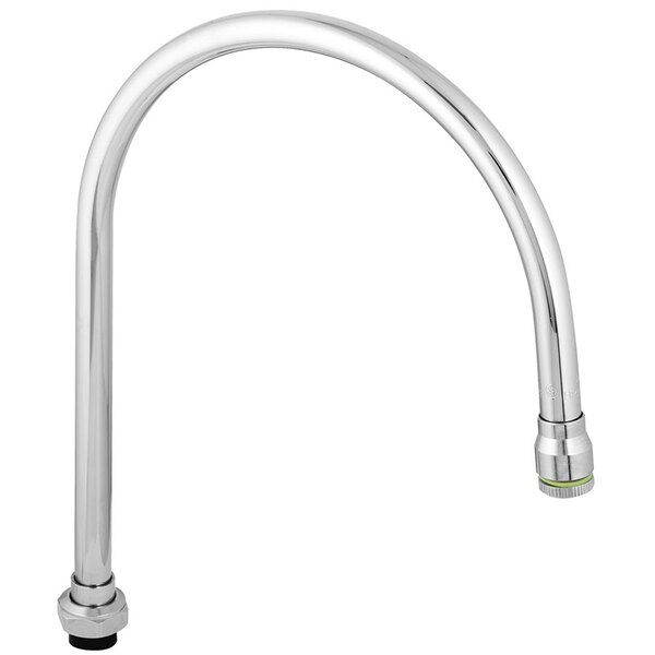 A silver curved gooseneck faucet nozzle with a green knob.