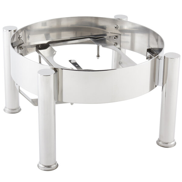A stainless steel round chafer stand with two legs.