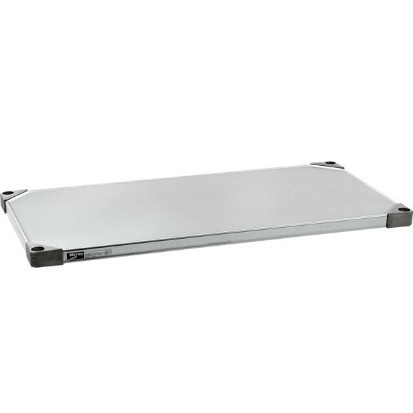 A silver rectangular Metro Super Erecta stainless steel shelf.
