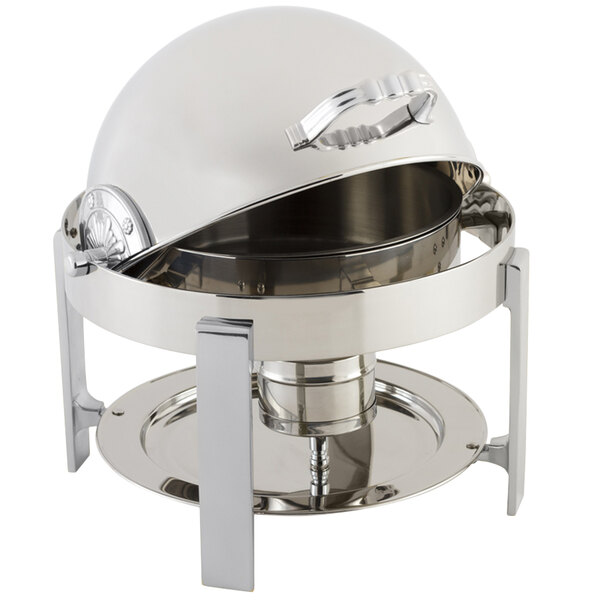 A Bon Chef stainless steel round chafing dish with chrome accents on a table.