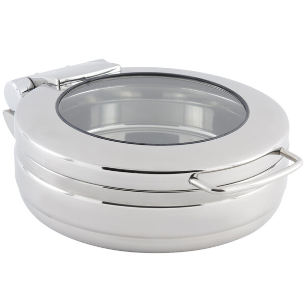 A Bon Chef stainless steel chafer with a glass hinged lid.
