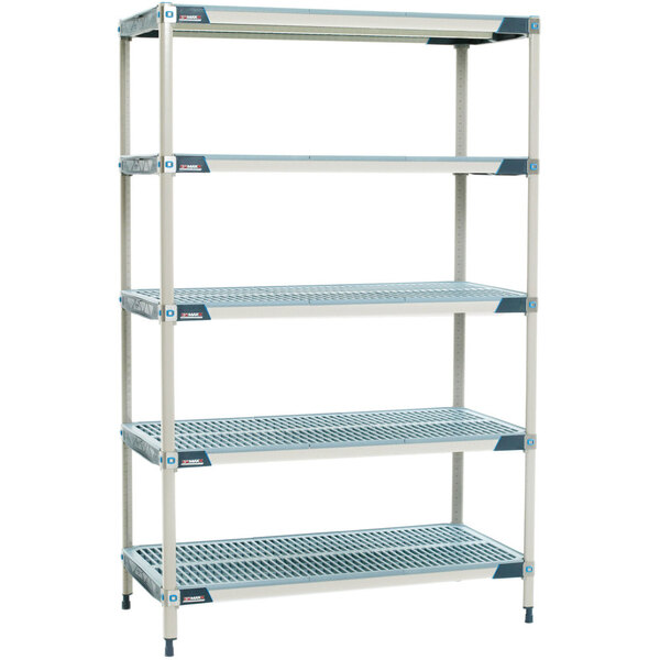 A MetroMax i metal shelving unit with four shelves.