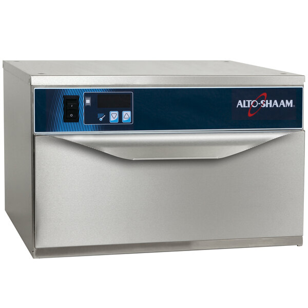 An Alto-Shaam narrow drawer warmer with a blue and black panel.