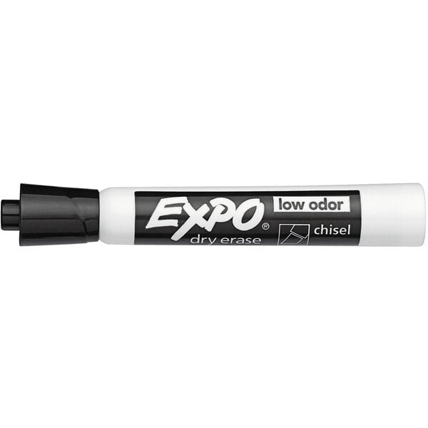A close-up of a black Expo dry erase marker with a chisel tip.