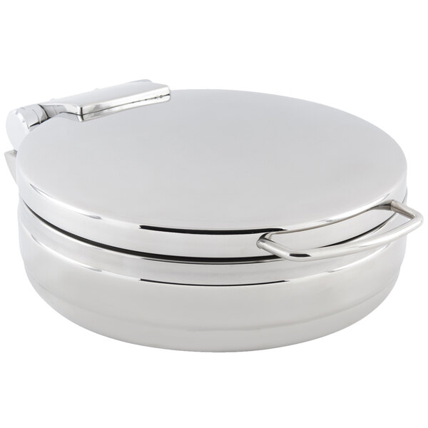 A silver stainless steel Bon Chef round pan with a hinged lid.