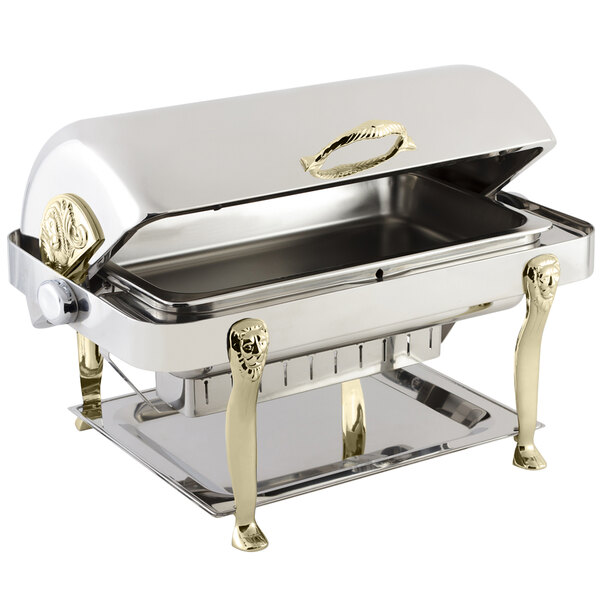 A silver Bon Chef rectangle chafing dish with brass accents and lion legs.