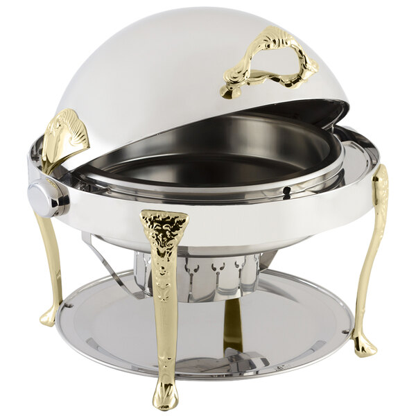 A Bon Chef stainless steel chafer with brass accents and lid.