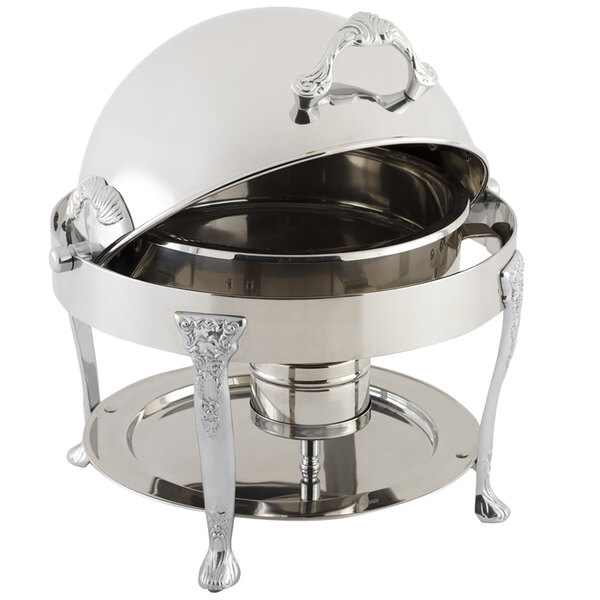 A silver Bon Chef Petite round chafer with chrome accents and a lid on a stand.