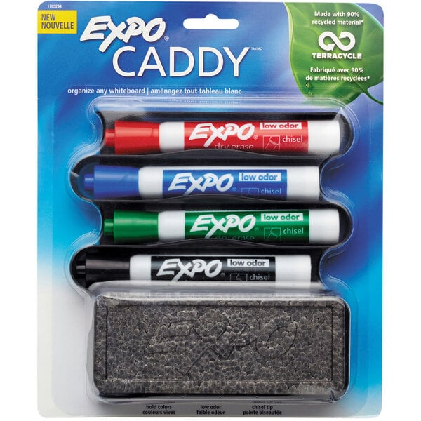 A package of Expo 4-color dry erase markers with a mountable caddy.