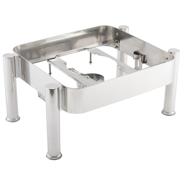 A silver metal frame with legs for a Bon Chef stainless steel chafer tray.