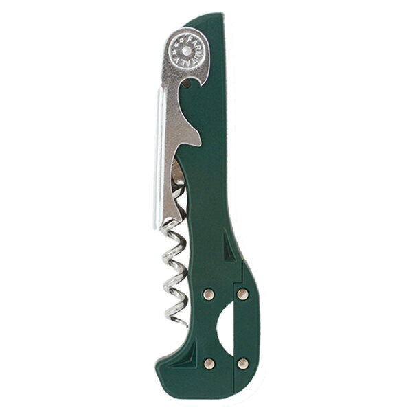 A Franmara Boomerang two-step corkscrew with a dark green and silver handle with a metal screw.