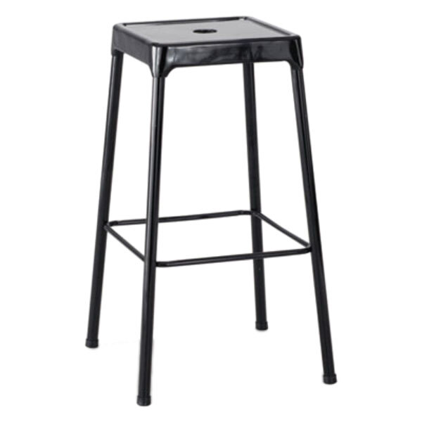 A black Safco steel bar stool with a square seat.