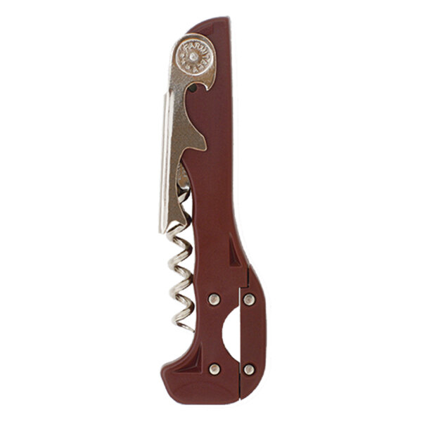 A Franmara Boomerang Two-Step Waiter's Corkscrew with a brown and silver handle.