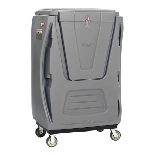 A grey plastic MetroTrux container with swivel and rigid wheels.