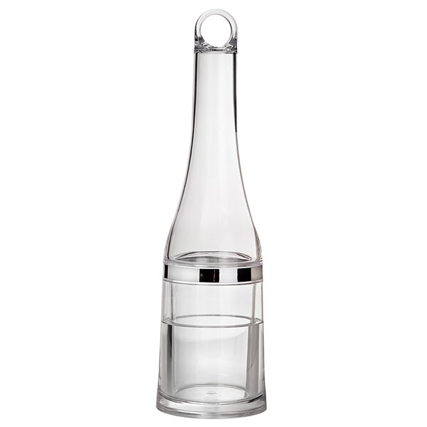 A clear acrylic wine chiller with a silver rim and a white cap.
