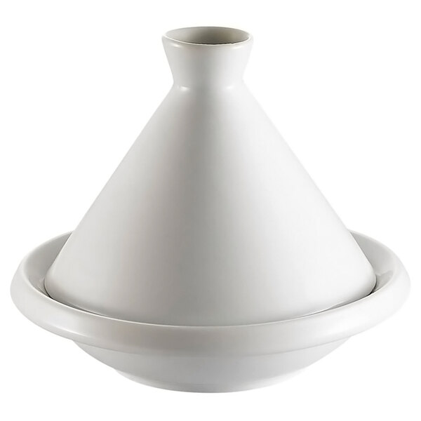 A white ceramic tagine with a lid.