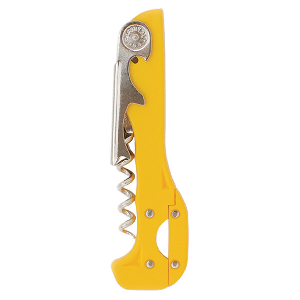 A Franmara yellow Boomerang corkscrew with a screwdriver on it.