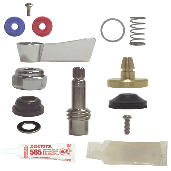 The Fisher 3/4" Stainless Steel Faucet Swivel Stem Repair Kit with a variety of parts on a white rectangular table.