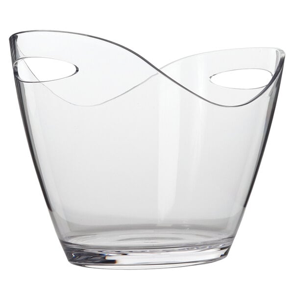 A clear acrylic oval wine bucket with handles.