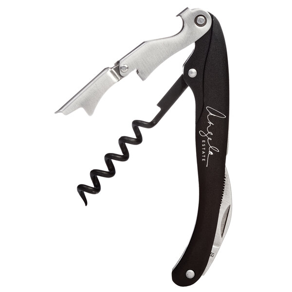 A Franmara Lisse customizable waiter's corkscrew with a black and silver metallic aluminum handle.