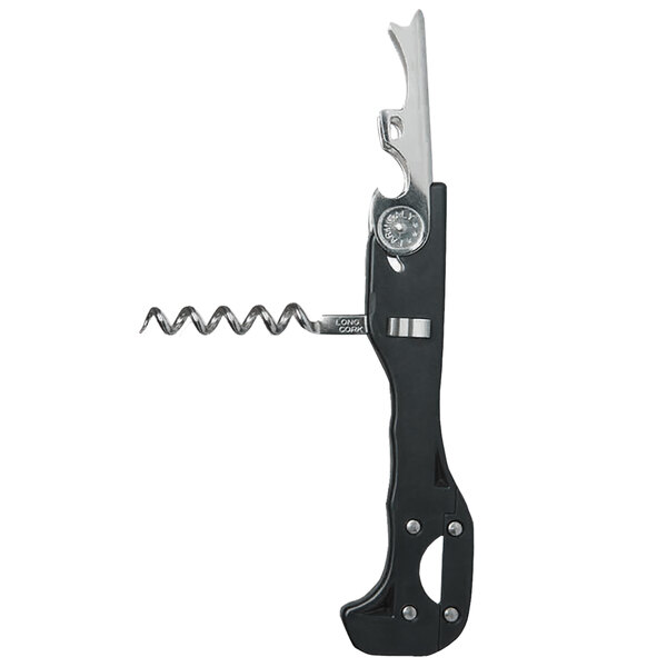 A Franmara Quik Snap Boomerang two-step waiter's corkscrew with a black handle and silver accents.