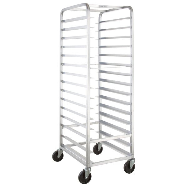 A Channel metal pizza dough box rack with wheels.
