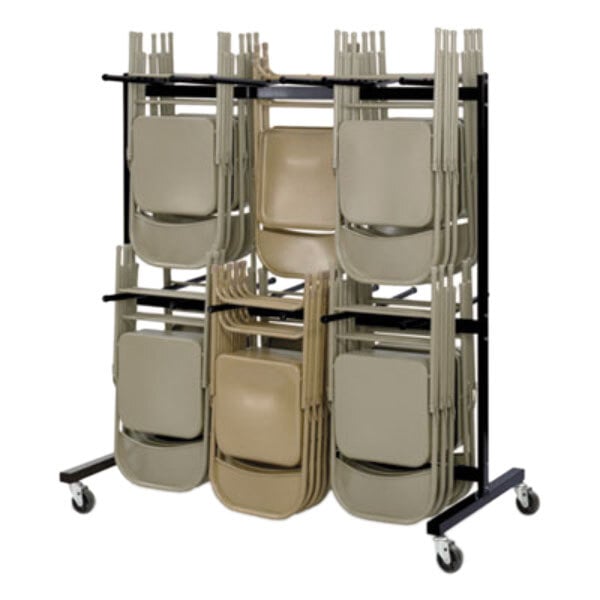 A black Safco two-tier cart holding a stack of folding chairs.