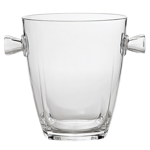 A clear acrylic wine cooler with handles.