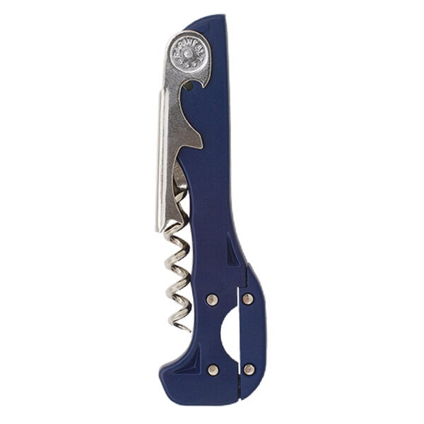 A Franmara Boomerang Two-Step Waiter's Corkscrew with a dark blue and silver handle with a metal screw.