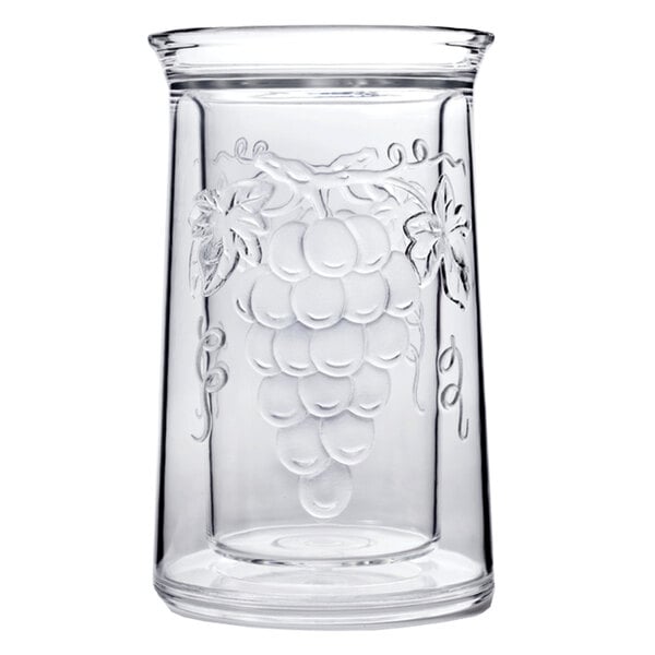 A clear double-wall acrylic bottle cooler with grapes on it.