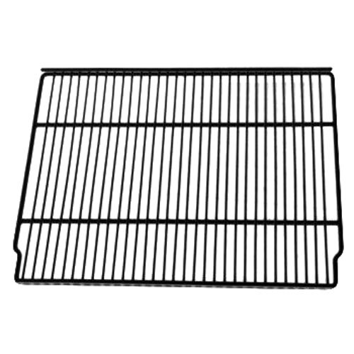 A black coated wire shelf with a grid on it.