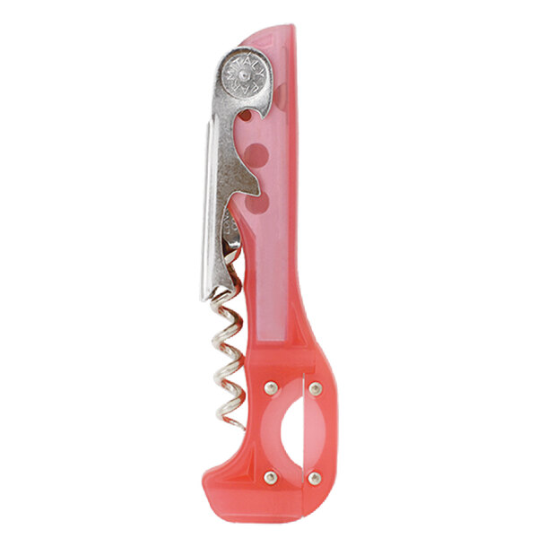 A Franmara Boomerang Two-Step Waiter's Corkscrew with a pink and silver metal screw.